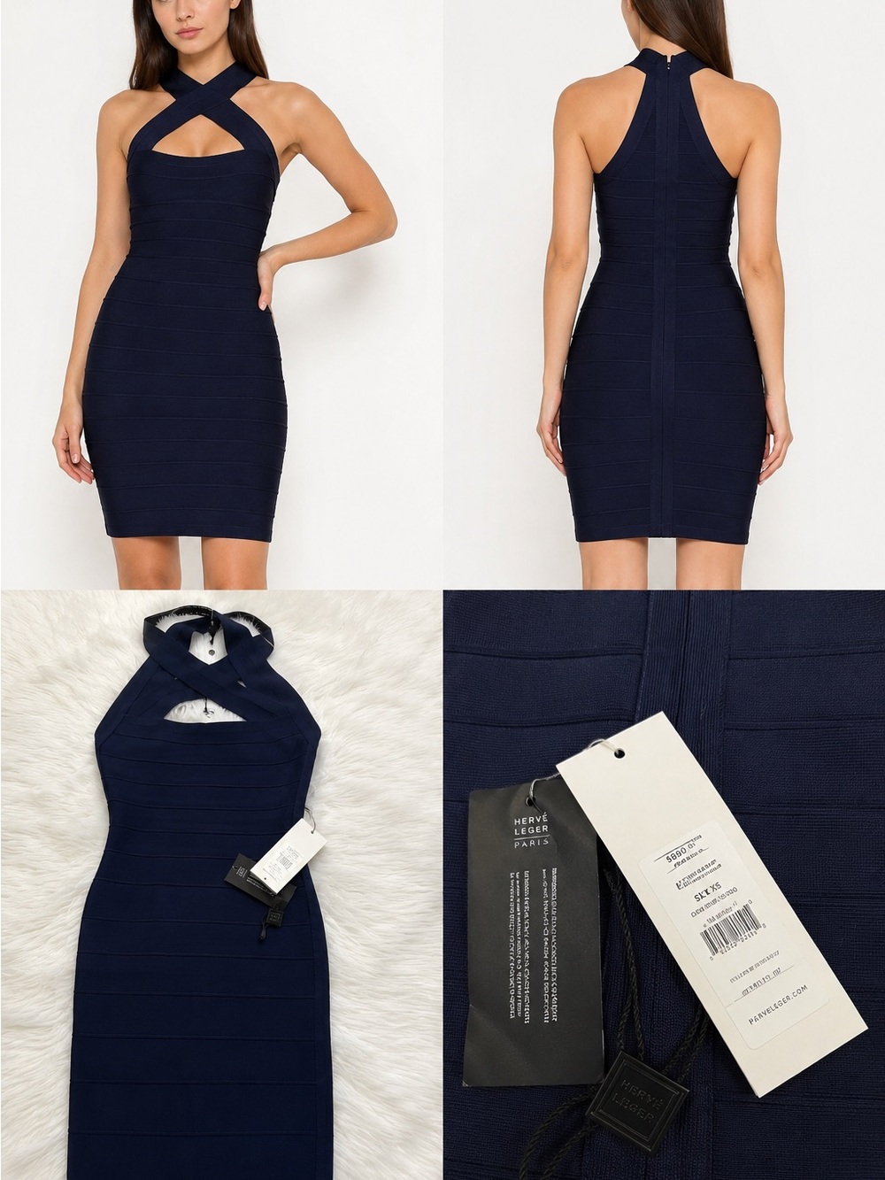 Herve Leger Navy Crisscross Halter Bandage Mini Dress